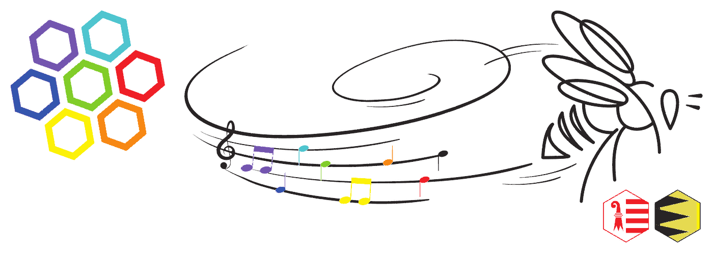 Abeille, port&eacute;e de musique et alv&eacute;oles du logo Miel du Fruit D&eacute;fendu